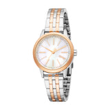 Esprit women's watch with a silver-toned and rose gold-toned link bracelet, mother-of-pearl effect dial, and crystal-embellis