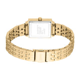 Gold-toned rectangular watch with a link bracelet. The watch back has text, and the clasp is engraved with "ESPRIT".