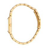 Gold-toned women's watch with a rectangular case, a side crown, and a link bracelet with a fold-over clasp.