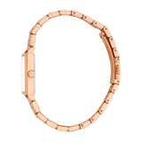 Rose gold-toned women's watch featuring a rectangular case, white dial, and a multi-link bracelet with a deployment clasp.