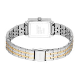 Rectangular silver-toned watch back. Two-toned link bracelet with silver-toned outer and gold-toned inner links. Silver-toned