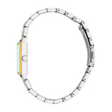 Rectangular silver-toned watch with a light green dial, gold-toned side trim, and a two-tone silver-toned and gold-toned link