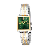 Esprit women's watch with a square gold-toned case, green sunray dial, and two-tone silver and gold-toned metal bracelet.