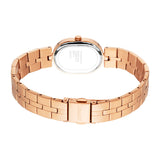 Rose gold-toned watch with an oval case, visible back, and a link bracelet with an engraved clasp. A crown is on the right.