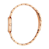 Rose-gold-toned women's watch with an oval case, white dial, crown, and a metal link bracelet.