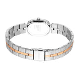Oval silver-toned watch with a two-tone metal link bracelet featuring silver-toned outer links and rose-gold-toned inner link