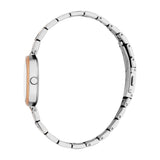 Silver-toned watch with a round white face and rose gold-toned bezel. It has a silver-toned metal link bracelet with a fold-o