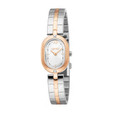 Esprit women's watch with a rose gold-toned oval case, silver-toned textured dial, and two-toned metal bracelet.
