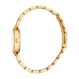 Gold-toned watch with a round case, white dial, and a gold-toned metal link bracelet. A crown is visible on the right side of