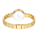 Gold-toned watch with a round case, metal link bracelet, and 'ESPRIT' engraved clasp. The silver-toned case back is visible.