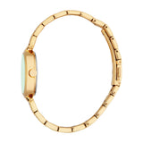 Gold-toned women's watch with a round case, light green face, and a gold-toned metal link bracelet with a clasp.