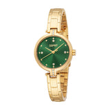 Esprit women's watch with a gold-toned link bracelet, round case, and a deep green sunray dial with crystal hour markers.