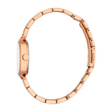 Rose gold-toned women's watch with a round case, white face, and a metal link bracelet with a fold-over clasp.