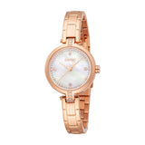 Rose gold-toned women's watch with a round case, mother-of-pearl dial, and crystal embellishments on the lugs.