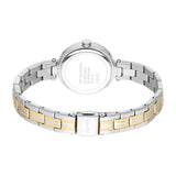 Silver-toned round watch with a two-toned metal link bracelet. Outer links are silver-toned, inner links are gold-toned. Espr