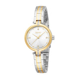 Esprit women's watch with a silver-toned dial, gold-toned bezel, and two-tone silver and gold metal bracelet.