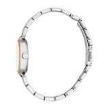 Silver-toned watch with a round case, rose gold-toned bezel, and white dial. It has a silver-toned metal link bracelet with r