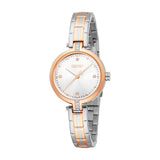 Esprit women's watch with a silver-toned and rose gold-toned metal link bracelet, silver sunray dial, and crystal markers.