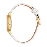 Women's watch with a round, gold-toned case and white dial. Features a white leather-like strap with a gold-toned buckle.