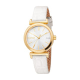 White croc-embossed leather strap watch with a gold-toned round case and a silver-toned dial featuring crystal accents.