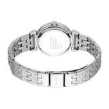 Silver-toned metal watch, back view. Round case with engraved details, and a link bracelet featuring an 'ESPRIT' engraved cla