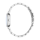 Silver-toned women's watch with a round case, light-colored dial, and a metal link bracelet with a fold-over clasp.