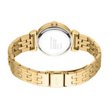 Gold-toned metal watch with a round case and a link bracelet. The silver-toned back of the case has text. The clasp is engrav