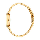 Gold-toned women's watch with a round case, light yellow dial, and a gold-toned rectangular link bracelet with a fold-over cl