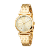 Gold-toned Esprit women's watch with a round dial, sunray finish, bar hour markers, and three small clear stones at 3 o'clock
