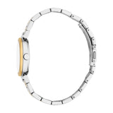 Women's watch with a white dial, gold-toned bezel, silver-toned case, and a two-toned silver-toned and gold-toned link bracel