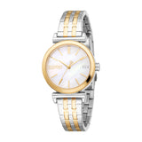 Silver and gold-toned women's watch with a round case, white mother-of-pearl dial, and a two-toned link bracelet.