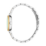 Round watch with a light green dial, gold-toned bezel, and silver-toned case. It has a silver-toned metal link bracelet with