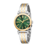 Esprit women's watch with a gold-toned bezel, green sunray dial, and a silver- and gold-toned link bracelet.