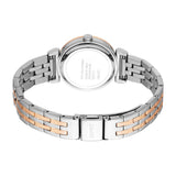 Back of a silver-toned watch with a rose-gold toned bezel. Two-tone silver and rose-gold metal link bracelet with Esprit-engr