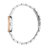 Women's watch with a white dial, silver-toned case, rose-gold-toned bezel, and a slim, two-toned silver and rose-gold-toned l