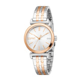 Women's Esprit watch with a silver-toned dial, rose gold-toned bezel, and a two-toned silver and rose gold link bracelet.