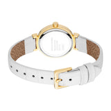 Gold-toned watch with a round case, white crocodile-textured leather strap, and gold-toned buckle. Silver-toned case back.