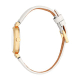 White leather strap watch with a gold-toned case, white dial, and gold-toned pin buckle.