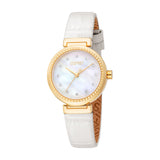 White textured strap watch with a gold-toned round case and mother-of-pearl dial featuring crystal hour markers.