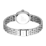 Silver-toned watch with a round case, "STAINLESS STEEL BACK" text, and a metal link bracelet with an "ESPRIT" engraved clasp.