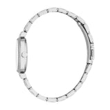 Silver-toned women's watch with a round case, crystal-studded bezel, and a metal link bracelet with a fold-over clasp.