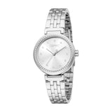 Silver-toned Esprit women's watch with a round case, sunray dial, crystal markers, and a multi-link bracelet.