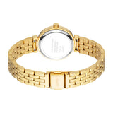 Gold-toned watch with a round case and link bracelet. Silver-toned stainless steel case back with text. Gold-toned clasp with
