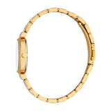 Gold-toned women's watch with a round case, textured bezel, white dial, and a gold-toned metal link bracelet featuring a clas