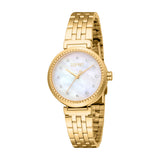 Gold-toned Esprit women's watch with a round case, link bracelet, and white mother-of-pearl dial with crystal markers.