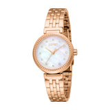 Rose gold-toned women's watch with a round case, multi-link bracelet, and white mother-of-pearl dial with crystal markers.