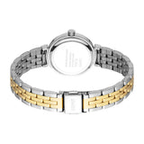 Silver-toned watch with a round case and a metal link bracelet featuring alternating silver-toned and gold-toned links. Espri