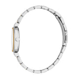Silver-toned watch with a gold-toned beaded bezel and white face. The silver-toned link bracelet has subtle gold-toned accent