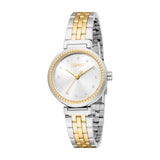 Esprit women's watch with a silver-toned round case, two-tone silver and gold-toned link bracelet, and silver dial with cryst