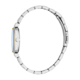 Silver-toned watch with a light blue dial, gold-toned beaded bezel, and silver-toned link bracelet with subtle gold-toned acc